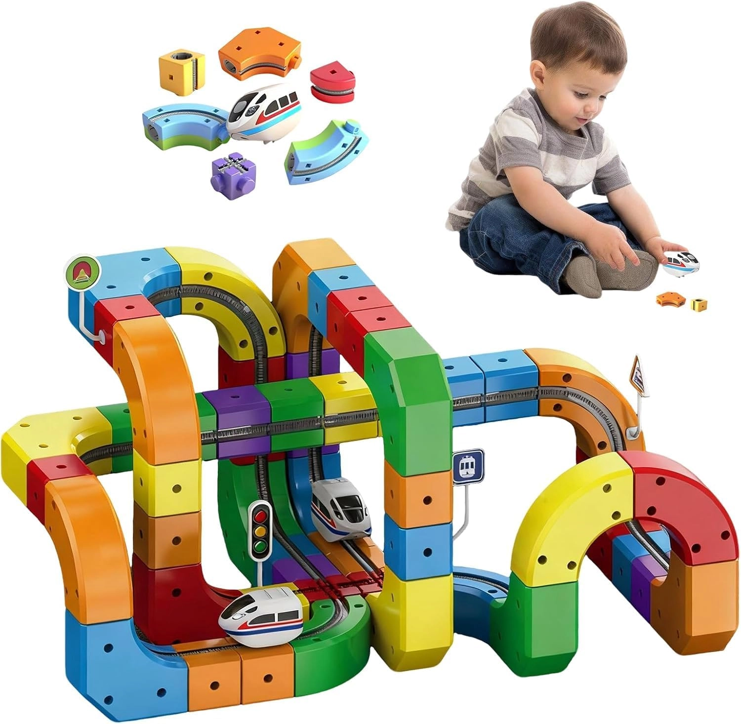 XTKM DIY Cube Track színes 3D kockatornyos építőjáték önjáró elektromos kisvonattal.