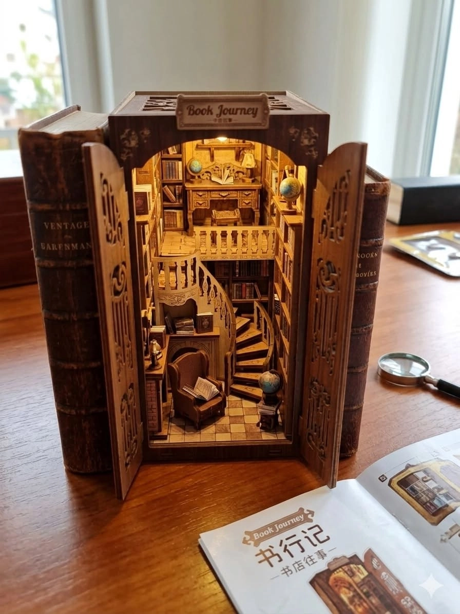 Könyvespolcra helyezett vintage stílusú miniatűr könyvkuckó meleg fényű beépített LED világítással.