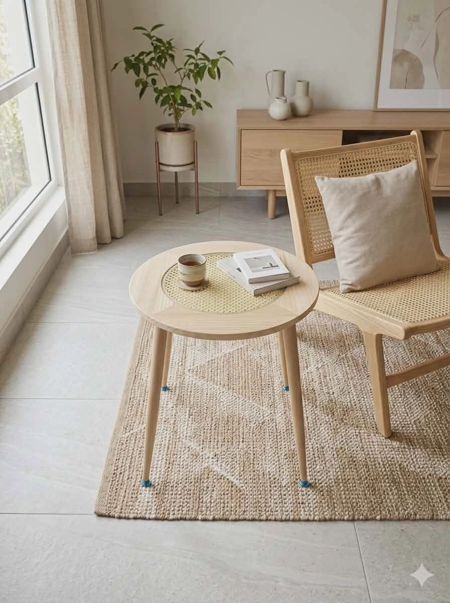 Természetes fa megjelenésű kisasztal bécsi fonott rattan betéttel és üveglappal.