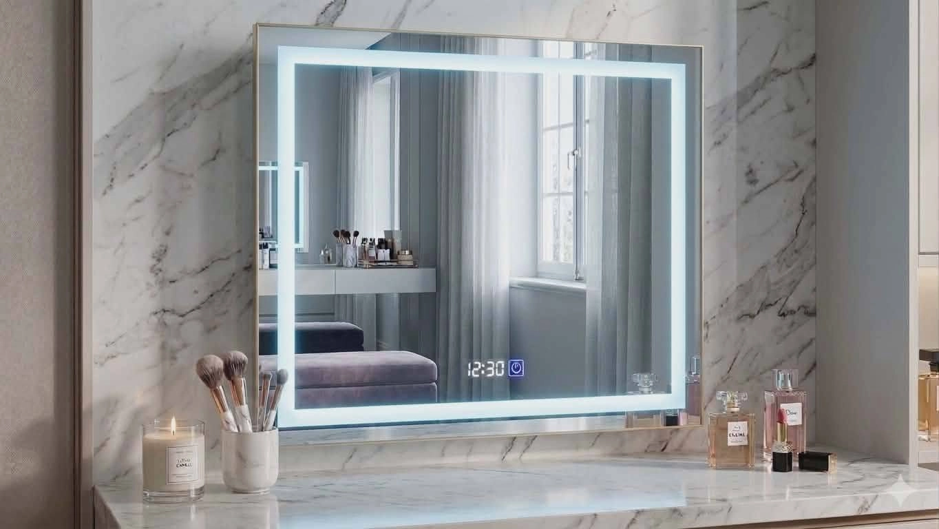 "60x80 cm-es keret nélküli fürdőszobai LED tükör beépített digitális órával.